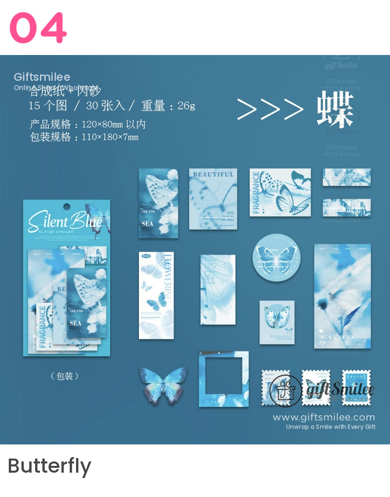 Blue butterflythemed stationery set with assorted paper designs delicate floral prints and shimmering accents