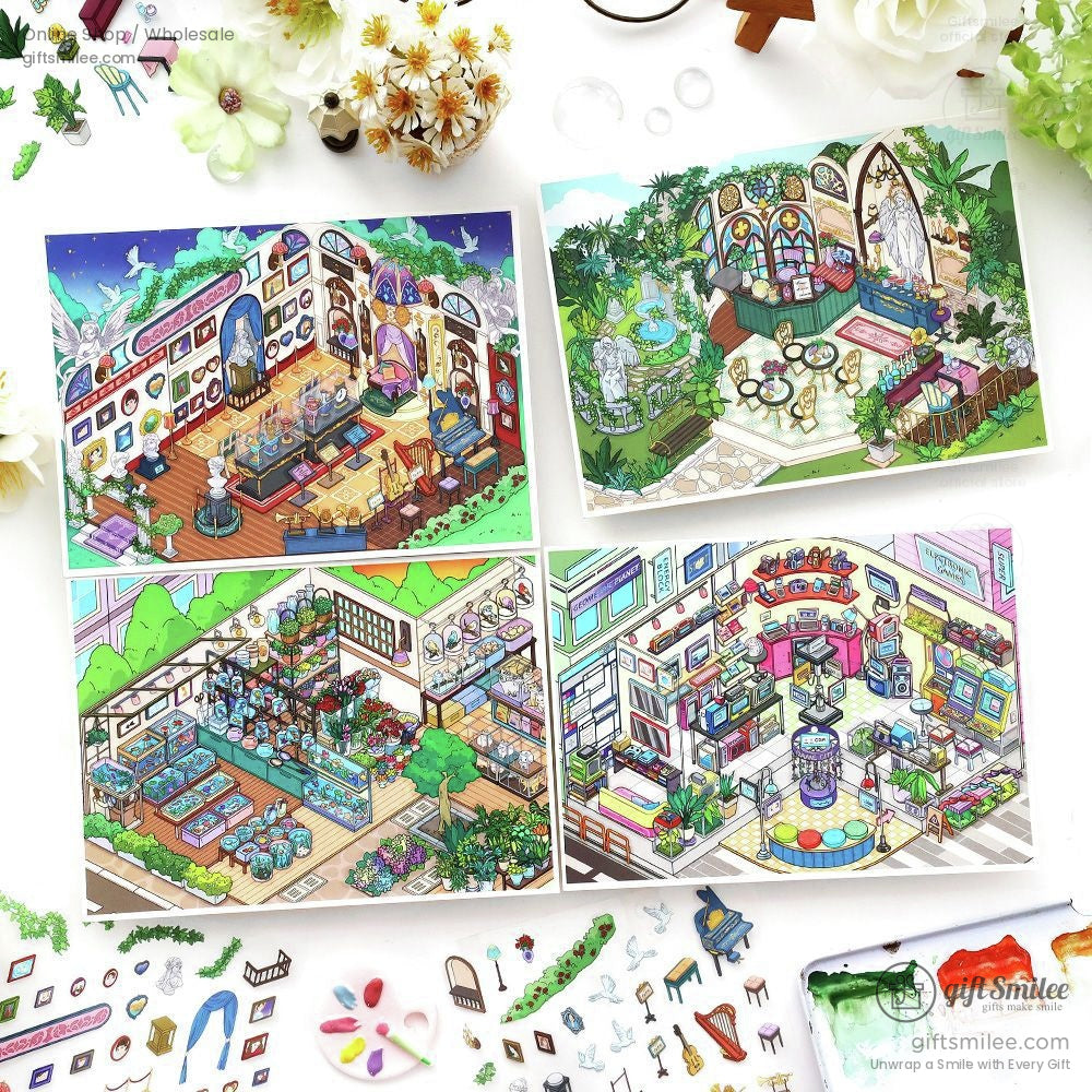 Four colorful illustrated scenes of themed interiors featuring gardens art studios shops and cozy decor elements
