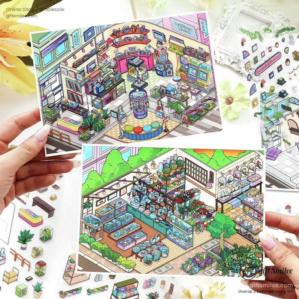 Four colorful illustrated scenes of themed interiors featuring gardens art studios shops and cozy decor elements