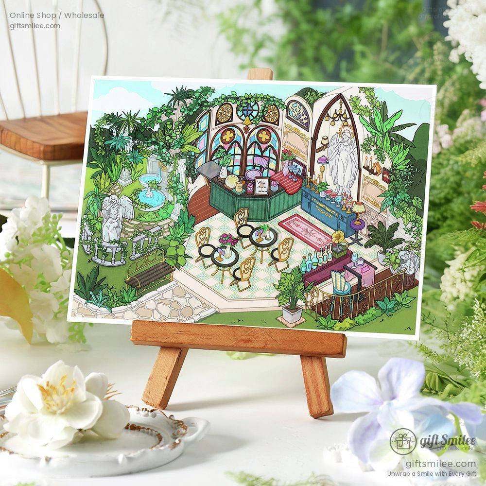 Illustrated botanical caf scene with goldaccented chairs stained glass lush greenery and a garden statue on an easel