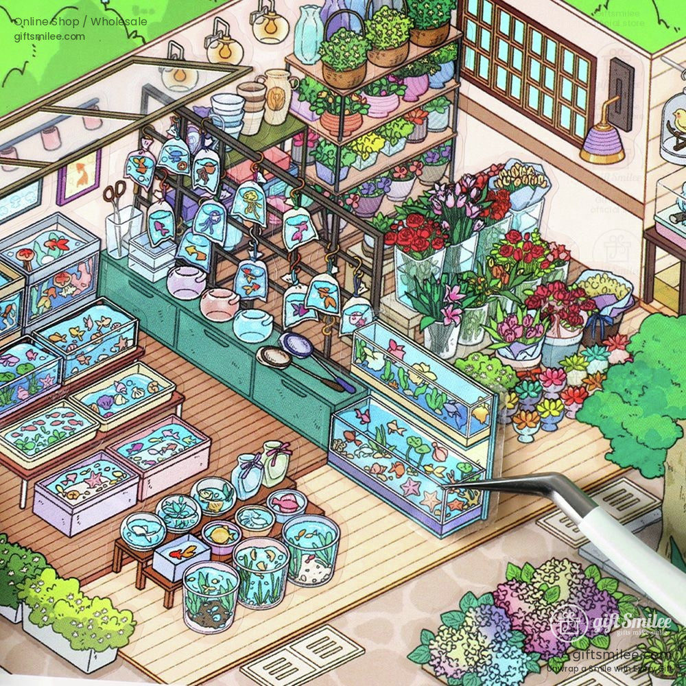 Colorful fish tanks potted plants and vibrant flowers in a cozy wooden shop with hanging glass bowls and tools