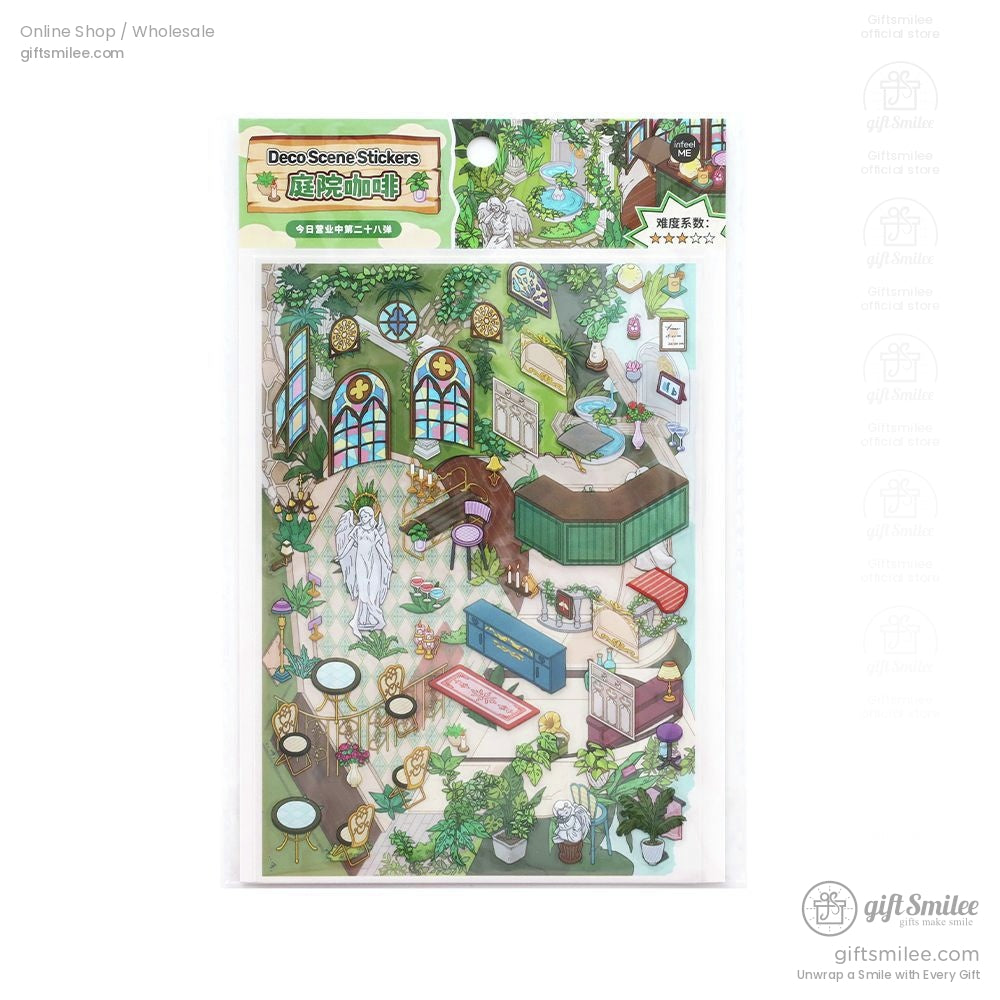 Colorful cafethemed decorative stickers with potted plants stained glass windows tables and intricate furniture designs