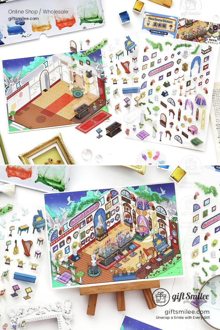 Colorful DIY miniature room kit with furniture stickers wooden easel and decor elements in a whimsical style