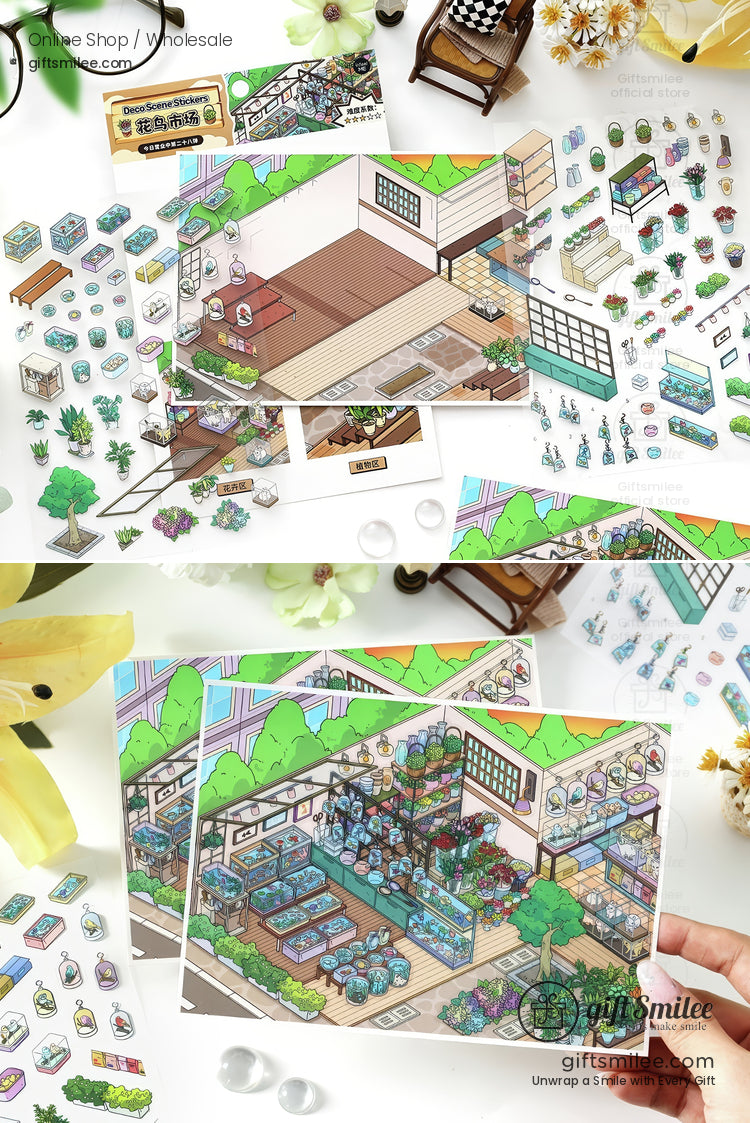 Colorful mini sticker set with greenhouse theme featuring plants shelves wooden floors and vibrant decorative details
