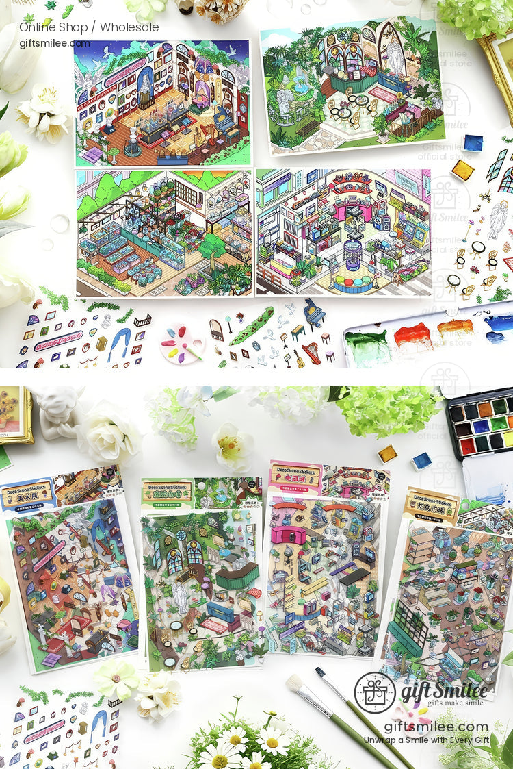 Vibrant sticker sheets with miniature illustrated rooms colorful decor gardening tools and craft supplies on a white surface