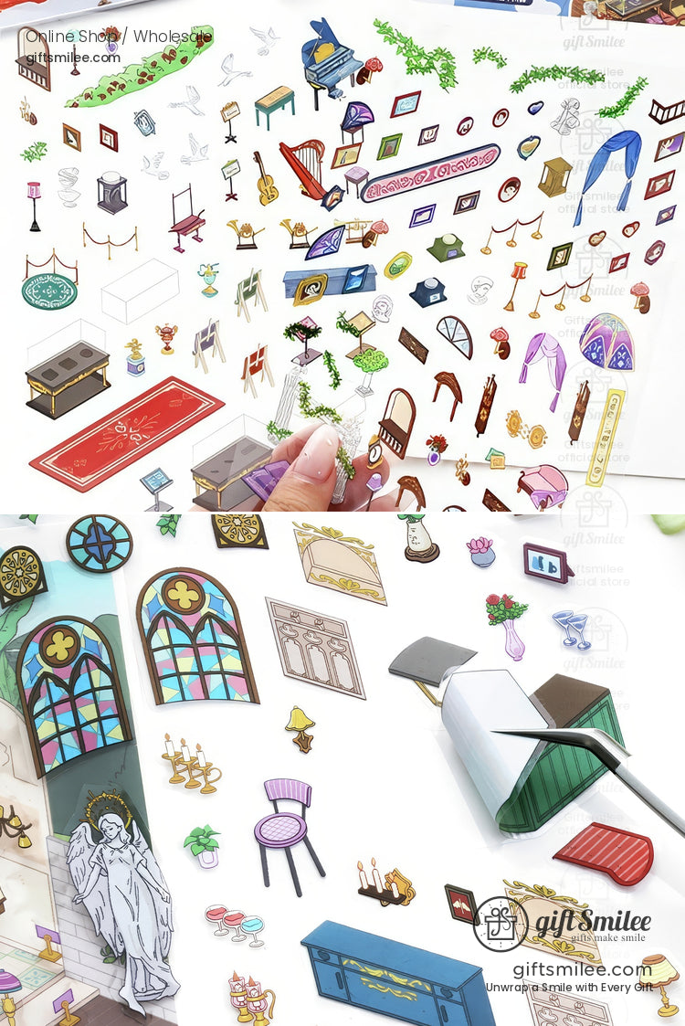 Assorted decorative stickers of furniture stained glass statues and vintage decor in vibrant colors on white sheets
