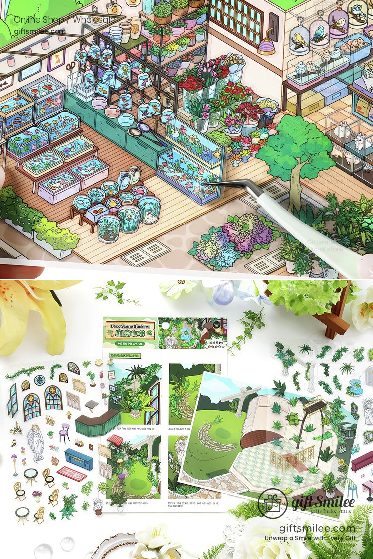 Colorful sticker set with garden shop design featuring plants aquariums wood flooring and intricate greenery details