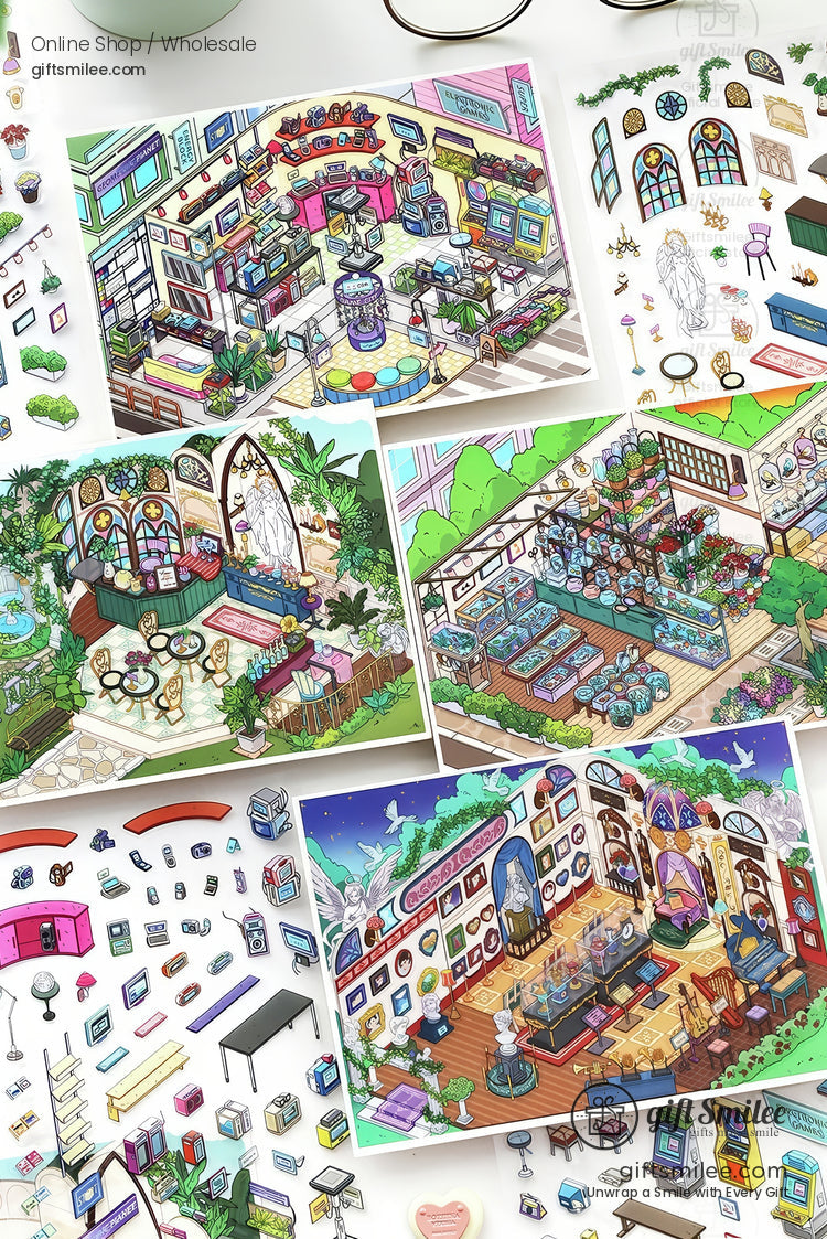 Colorful illustrated stickers of decorative rooms with detailed furniture plants and whimsical designs in vibrant tones