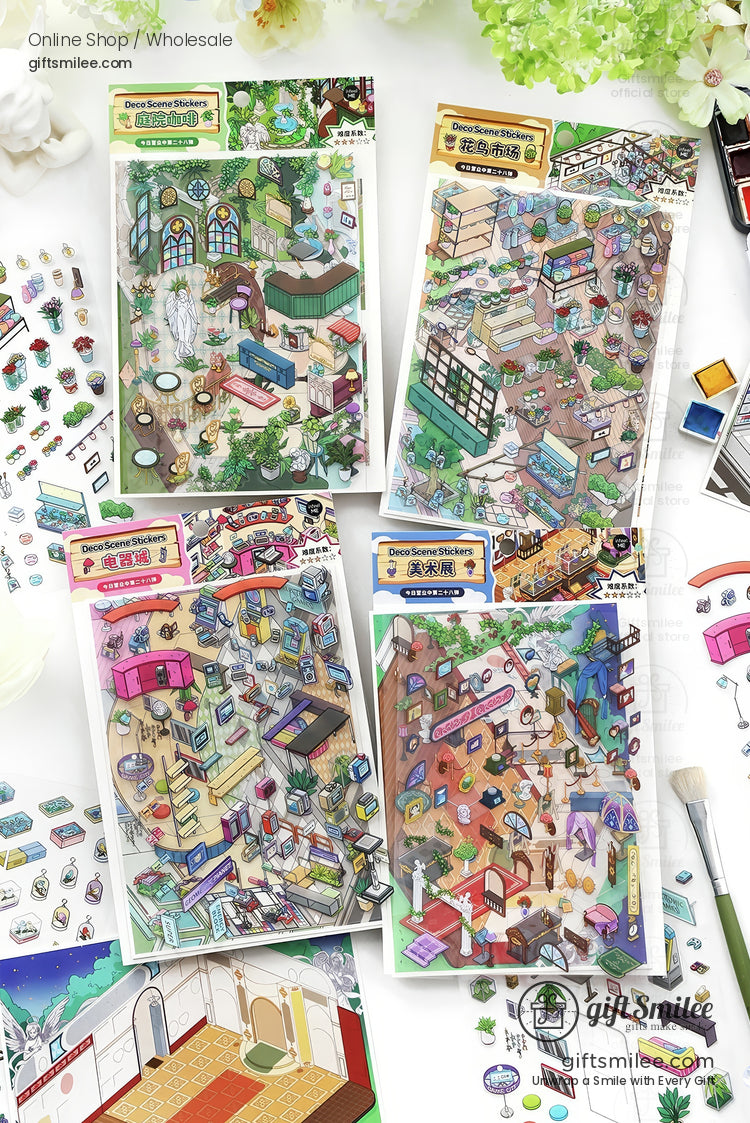 Colorful illustrated sticker sets with intricate scenes including gardens libraries and interiors perfect for crafts