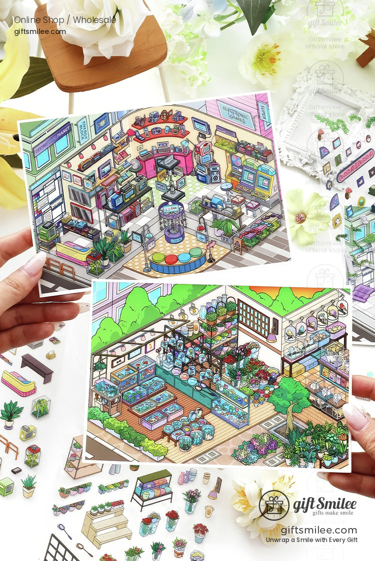 Two colorful illustrated postcards showcasing vibrant indoor shop scenes with plants shelves and intricate decor details