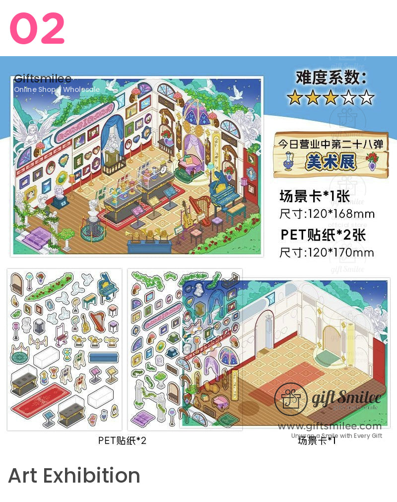 Colorful art gallery set with golden frames sculptures ornate furniture and detachable PET stickers for customization