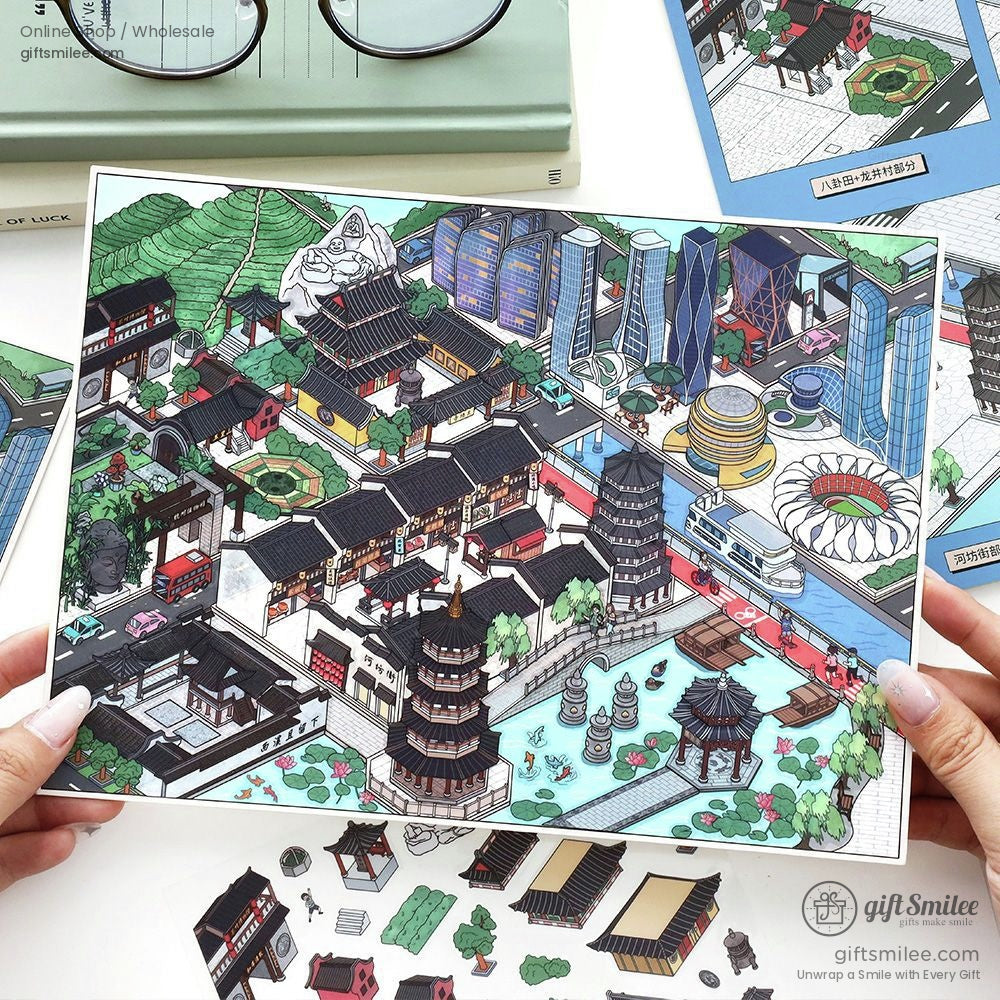 Handdrawn puzzle sheet depicting a vibrant cityscape with traditional Chinese temples modern buildings and green hills