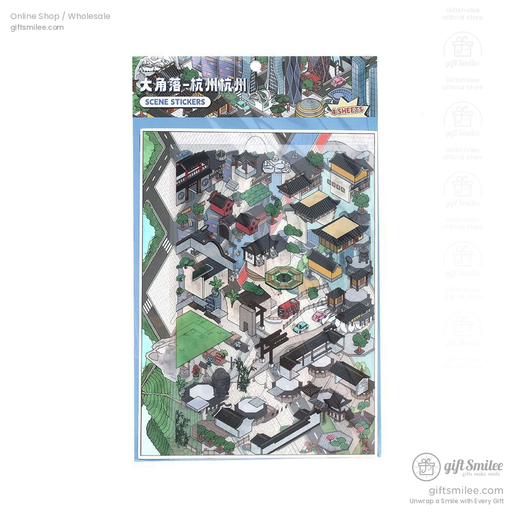 Vibrant cityscape sticker set with detailed architecture trees landmarks and a mix of traditional and modern designs