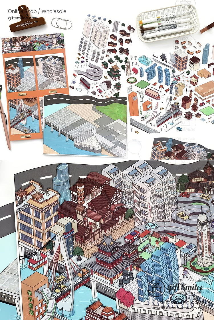 Colorful architectural paper model kit with detailed buildings bridges and urban structures including assembly sheets