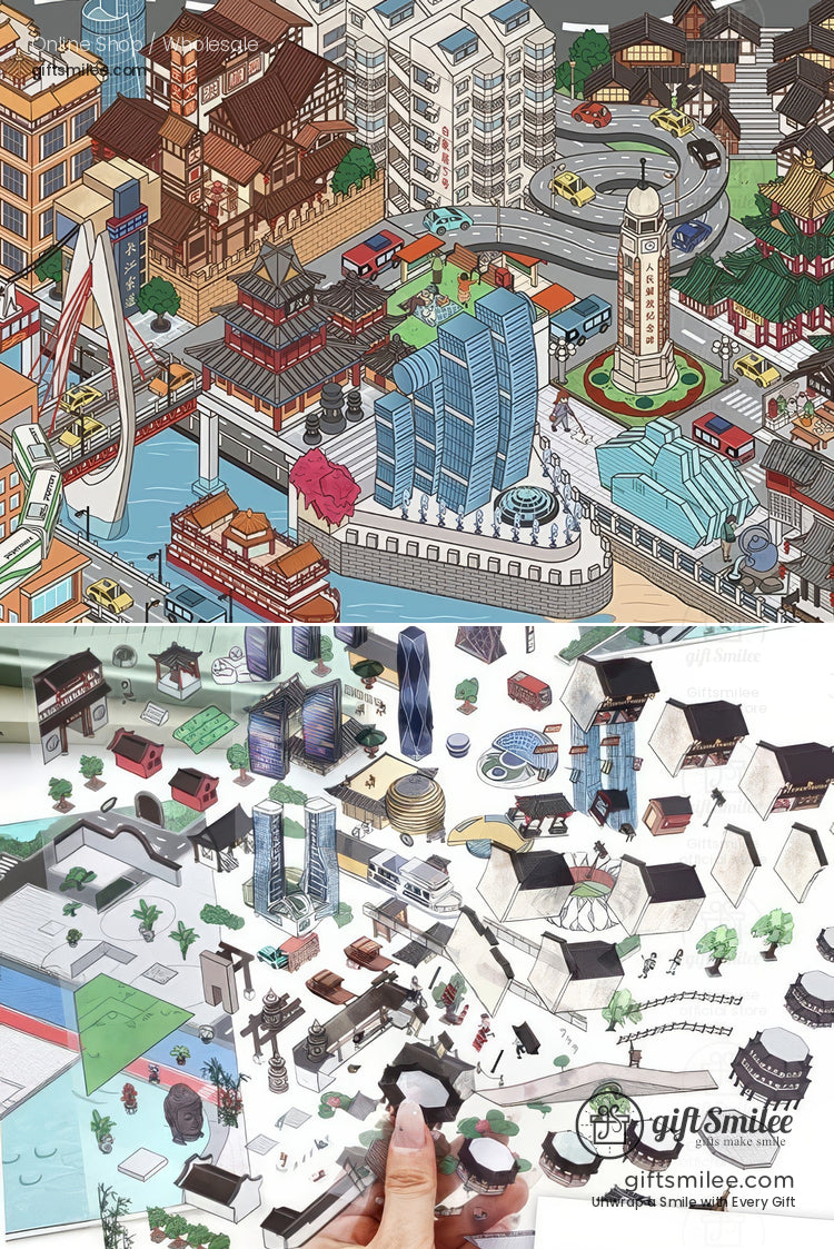 Vibrant cityscape paper model kit with colorful buildings modern skyscrapers traditional temples and detailed landmarks