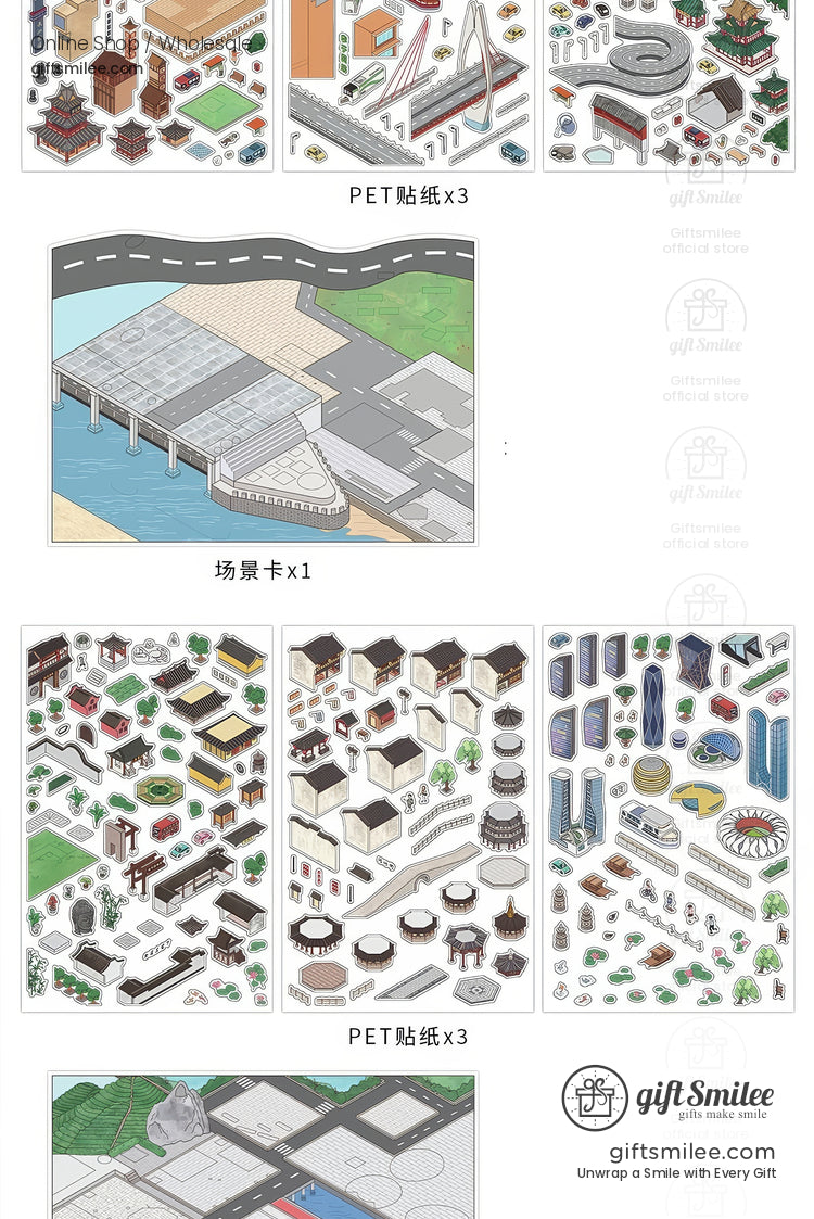 Illustrated urban planning stickers with roads bridges buildings and greenery in colorful PET material sheets