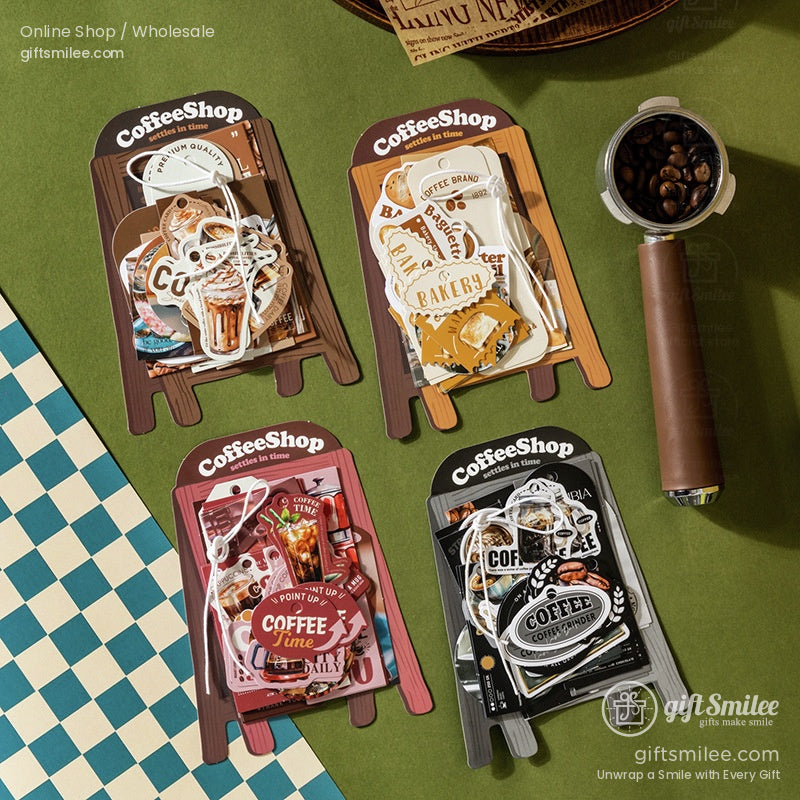 Coffeethemed sticker sets on mini woodstyle boards in brown beige red and black with vintage caf designs