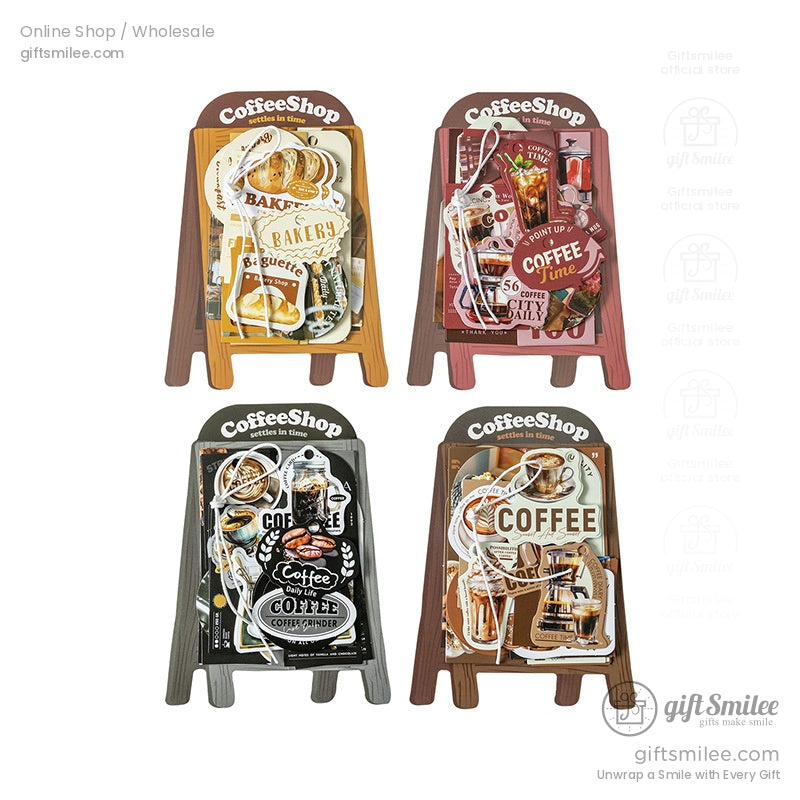 Set of four coffee shopthemed sticker packs on mini wooden easels in brown red gray and yellow tones