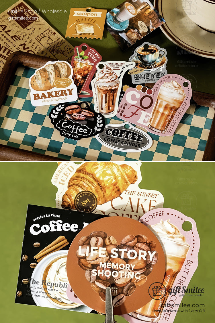 Assorted coffee and bakerythemed stickers with vibrant illustrations of lattes beans bread and vintage fonts
