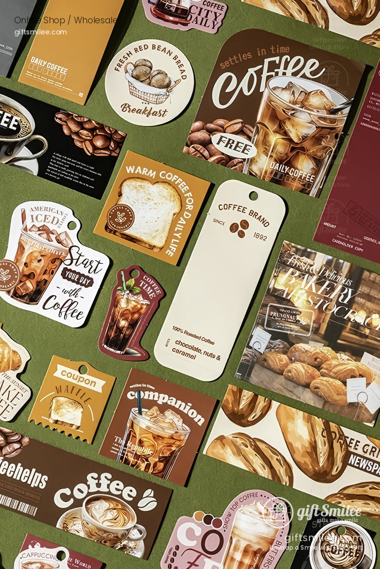 Assorted coffeethemed stickers with brown cream and green tones featuring cups beans pastries and text designs
