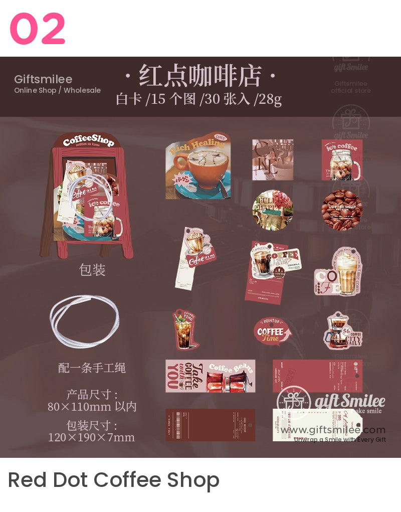 Coffeethemed stickers with latte beans and signage designs in warm brown and red tones ideal for journaling