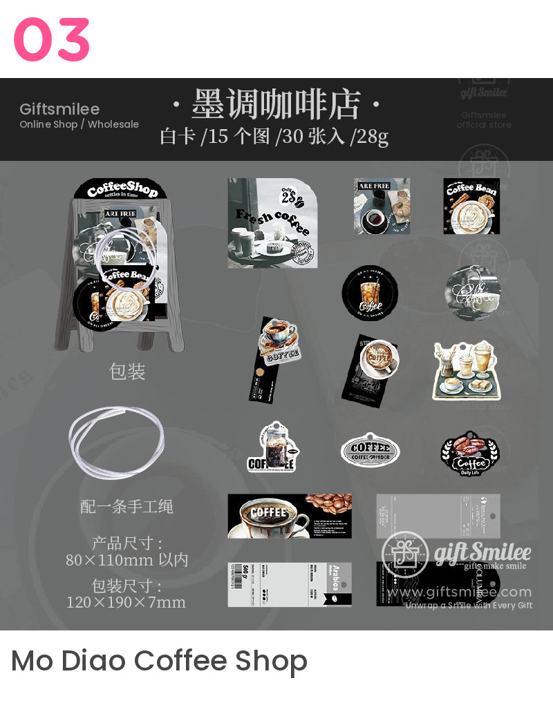 Black and white coffeethemed sticker set featuring latte art mugs beans and cafstyle designs 15 pieces