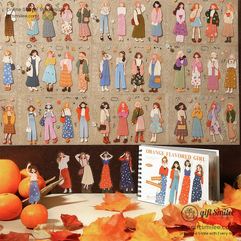 Assorted colorful paper stickers of women in vintageinspired outfits on beige background with oranges and autumn leaves