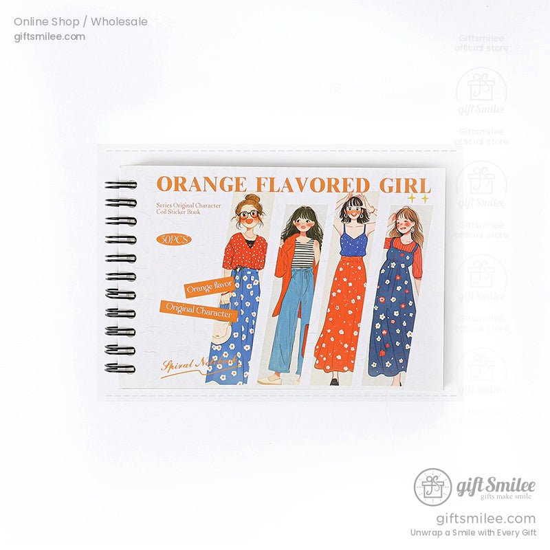 Spiralbound sticker book with illustrations of women in colorful outfits featuring orange and blue floral designs