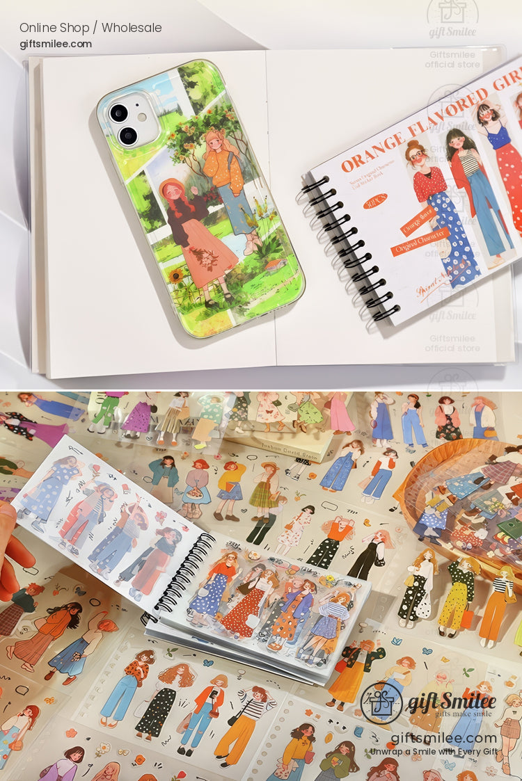 Clear phone case with colorful illustrated figures paired with a spiralbound notebook featuring vintageinspired fashion sketches