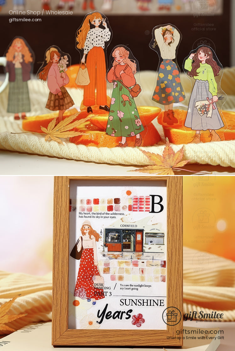 Colorful acrylic standees of women in autumnthemed outfits with a framed collage featuring warm tones and fashion elements
