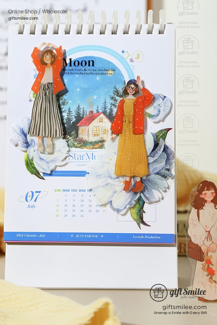 Standing desk calendar with July page floral illustrations cottage art and two magnetic decorative figures