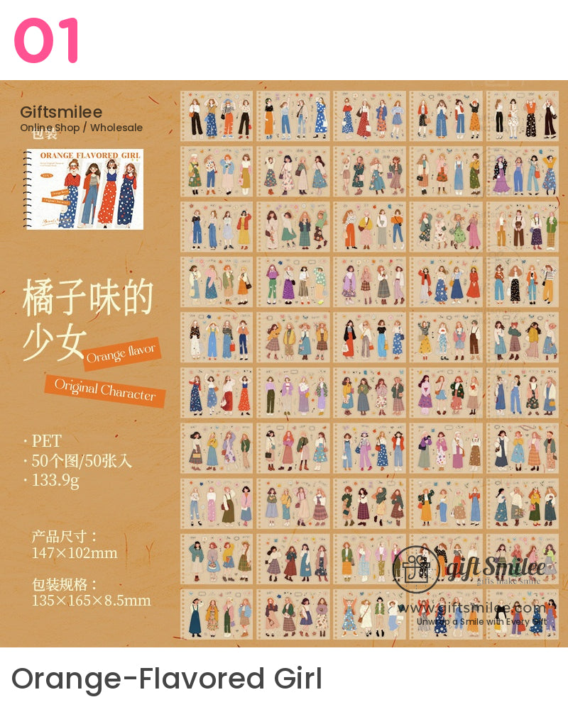 Assorted colorful character stickers with retrostyle outfits on beige sheets featuring diverse poses and patterns