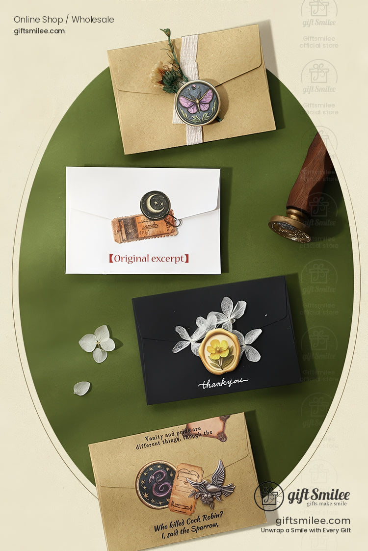 Elegant envelopes in kraft black and white with wax seals floral motifs ribbon accents and vintagestyle details