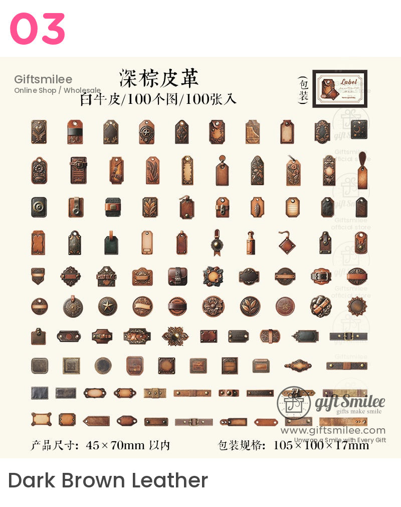 Assorted brown leather tags with embossed designs various shapes like rectangles and circles and detailed textures