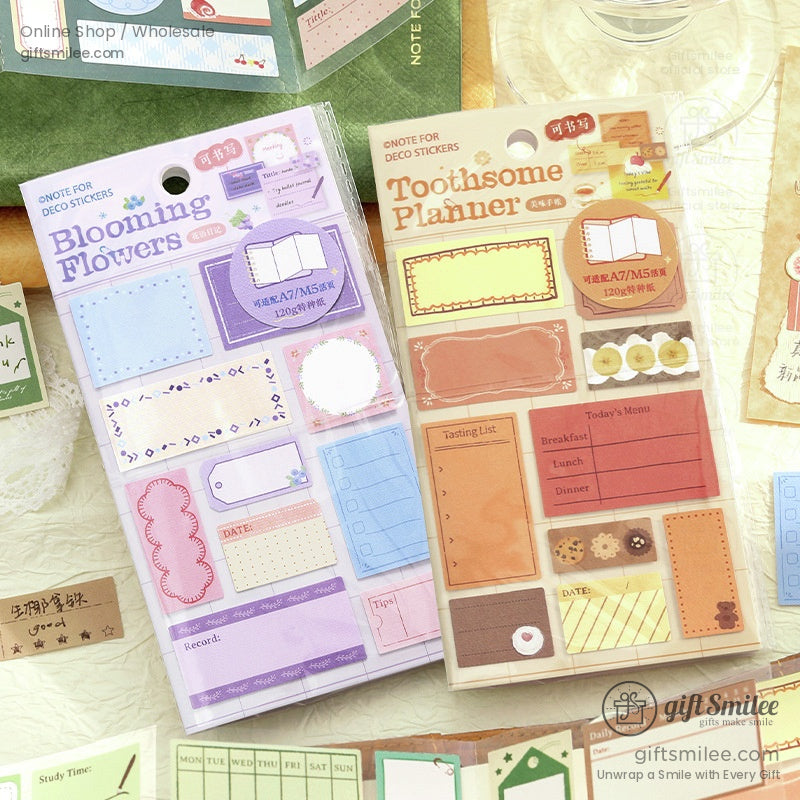 Pastelthemed planner stickers with floral and food designs including labels checklists and decorative frames
