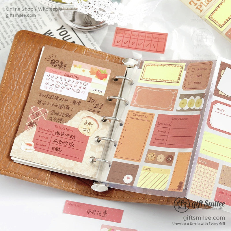 Brown leather planner with colorful daily schedule stickers meal trackers and decorative notes in warm pastel tones