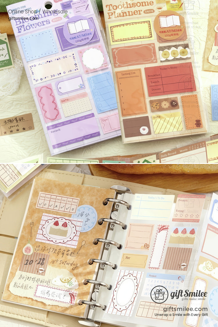 Pastelthemed planner stickers with floral dessert and memo designs in pink purple and beige tones