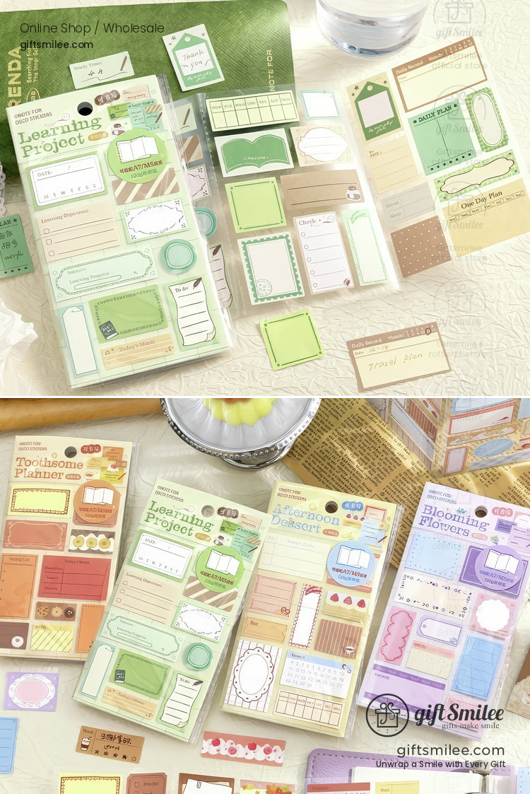 Assorted pastel and earthytone planner stickers with labels frames grids and decorative designs for organization