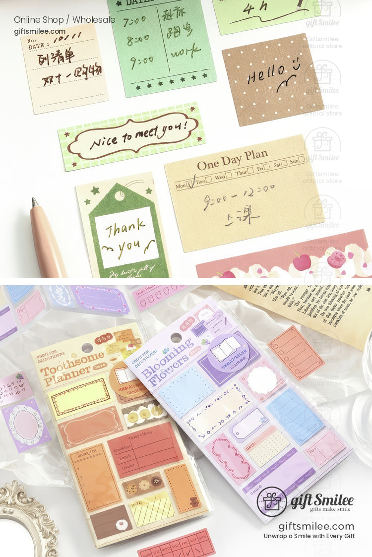 Assorted pastel and neutralcolored planner stickers with decorative borders note designs and organizational layouts