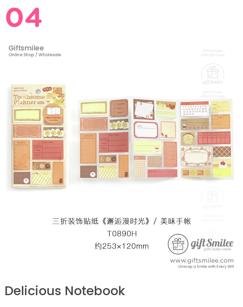 Foldable planner stickers in warm beige red and yellow tones with food themes grids labels and text boxes