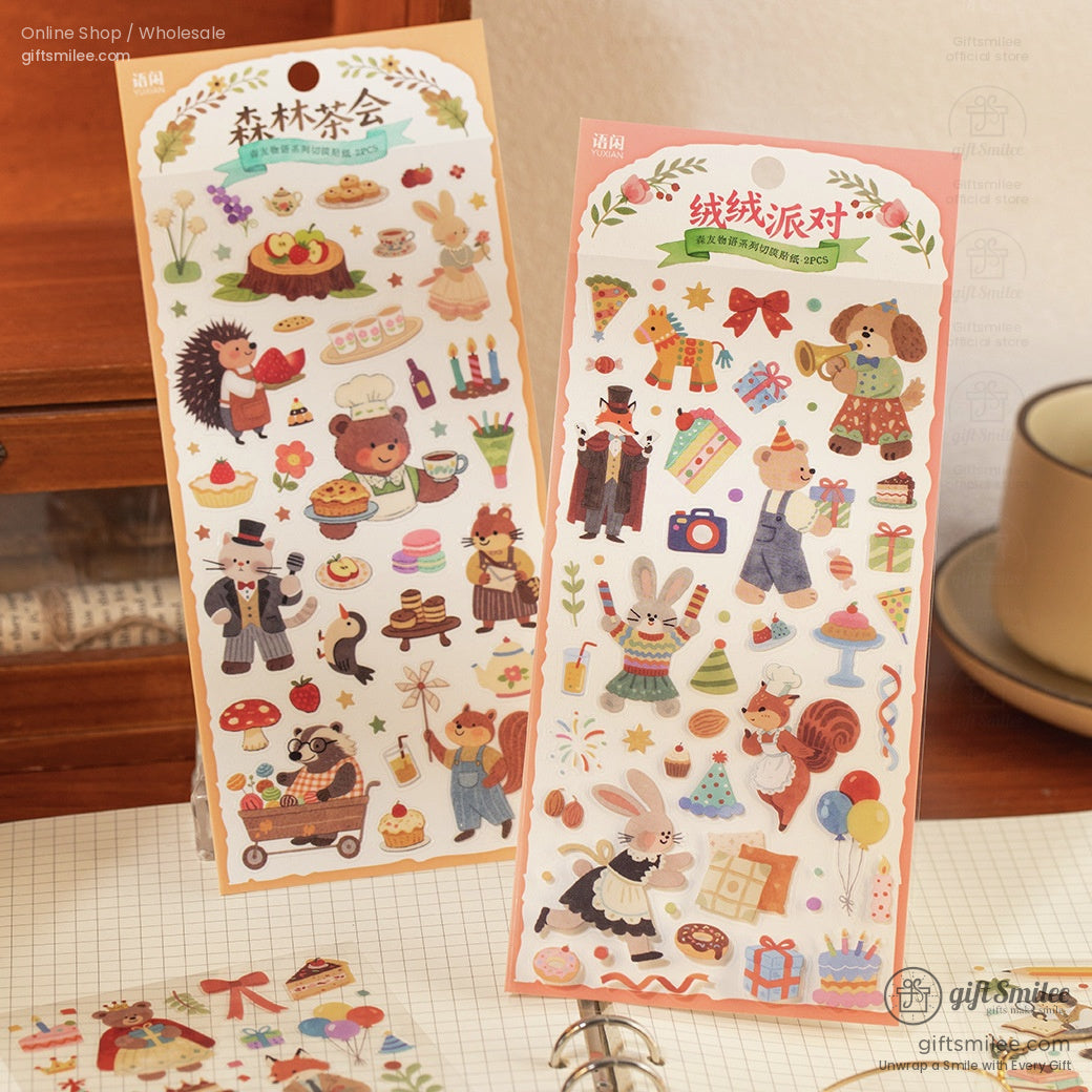 Colorful animalthemed sticker sheets with woodland creatures party outfits desserts gifts and festive illustrations