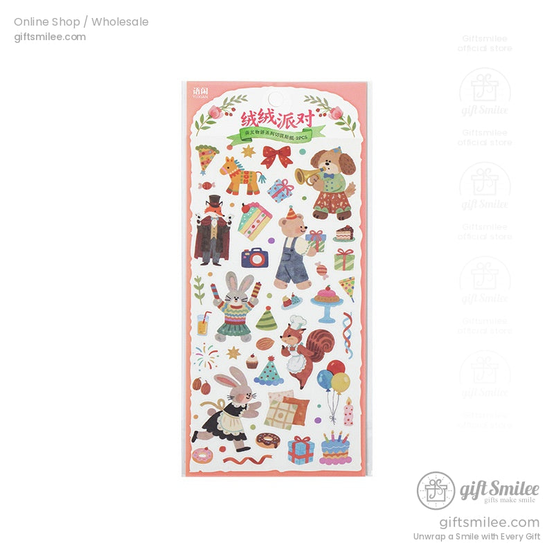 Colorful partythemed animal stickers with rabbits squirrels gifts balloons and desserts on white and pink backing
