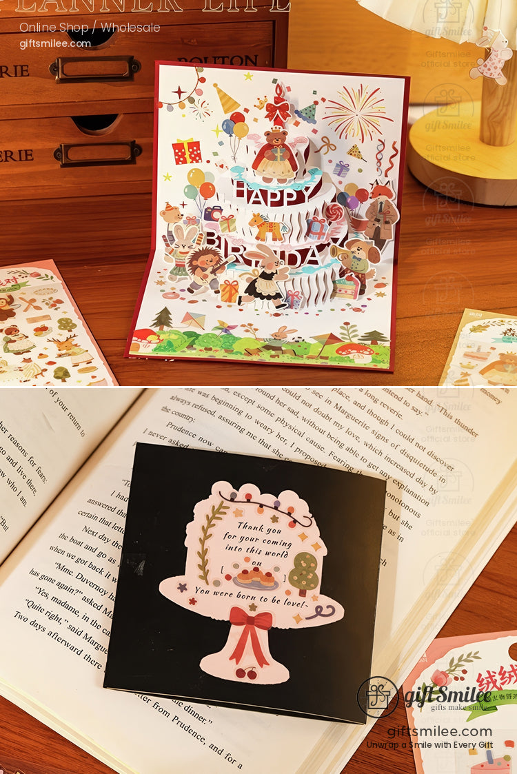 Colorful popup birthday card with festive illustrations layered cake design and vibrant party details on sturdy paper