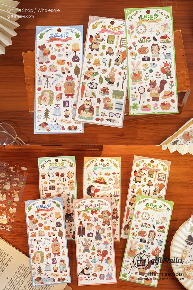 Vintagestyle sticker sheets with woodland animals plants and cozy household items in soft pastel hues