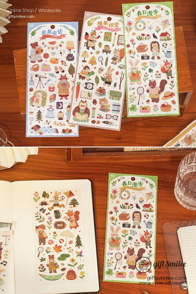 Colorful woodlandthemed sticker sheets with animals plants and camping items perfect for journaling or crafts