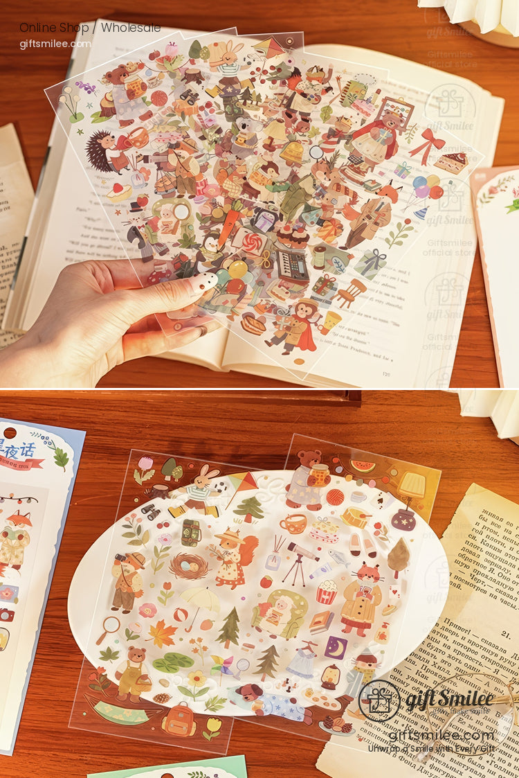 Transparent decorative sticker sheets with colorful whimsical designs including animals gifts and seasonal motifs