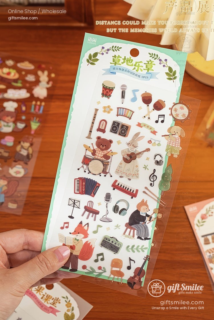Transparent sticker sheet with whimsical animal musicians music instruments and notes framed by a green border