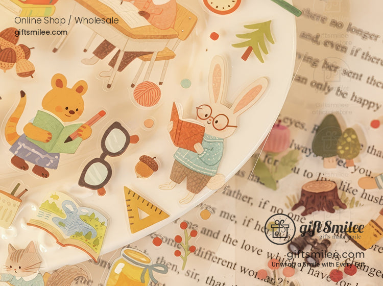 Whimsical animalthemed stickers with rabbits and bears reading pastel colors glossy finish and cozy autumn details