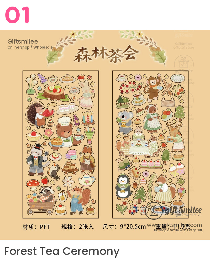 Cute animal tea party stickers pastel tones PET material featuring woodland animals desserts and picnic scenes