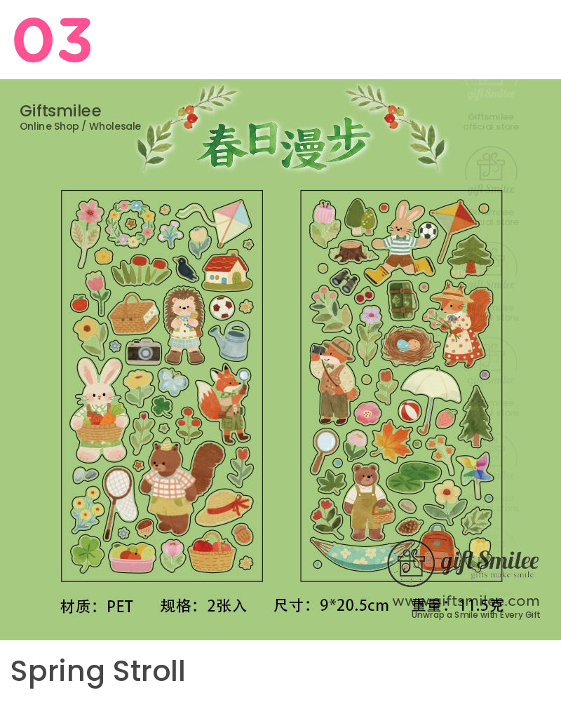 Green springthemed sticker sheet with woodland animals picnic items plants and colorful outdoor accessories